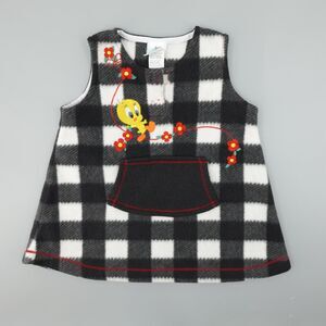 Y2K Looney Tunes Baby Girl Dress 18M Gray Plaid Fleece Tweety Bird Embroidered